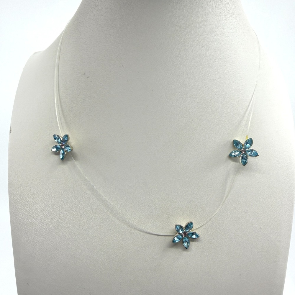 Blue Crystal Flower Illusion Necklace Floating Gem Dainty Boho Wedding Jewelry